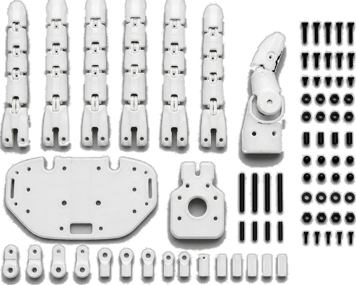 Every printed component of the ORCA hand laid out in rows